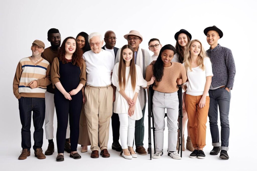 A diverse group of people of different races, ages, and abilities (for instance, one person is on crutches) are all standing together smiling.