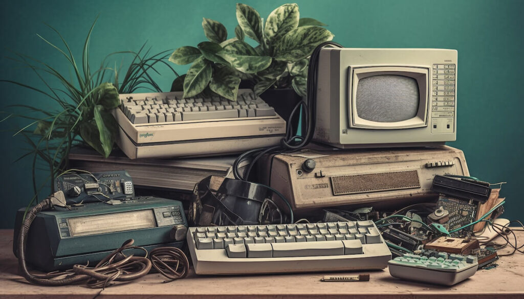 A pile of old computers, typewriters, and screens from the earliest days of personal computers.