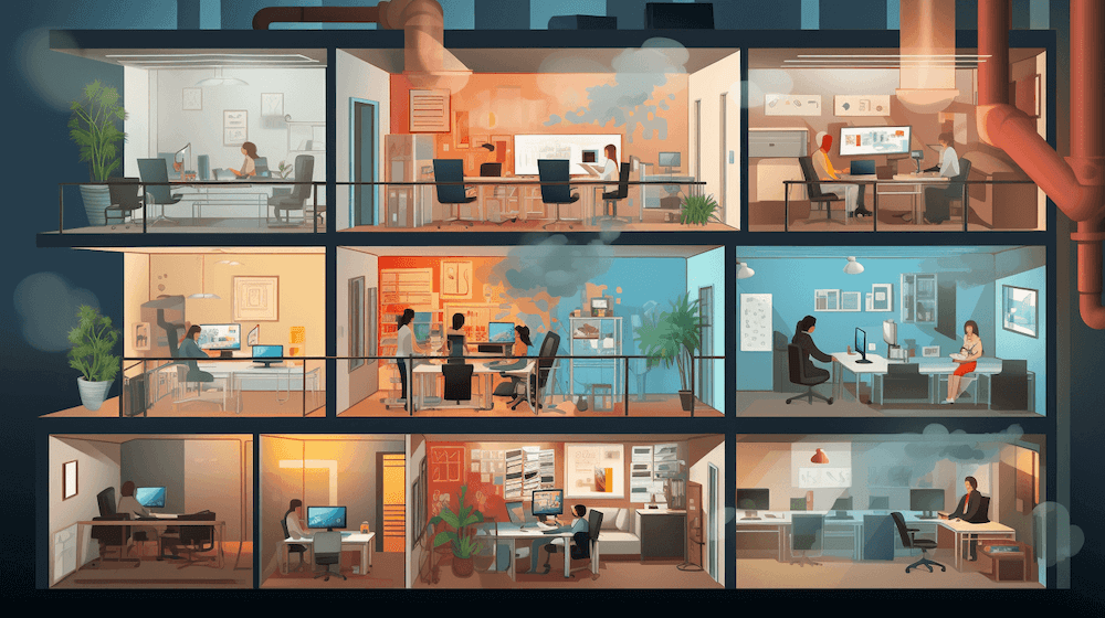 A cutaway cartoon of a bunch of different office spaces on three different floors of a building. Each room has a little to a lot of gray smoke in it, indicating polluted air.