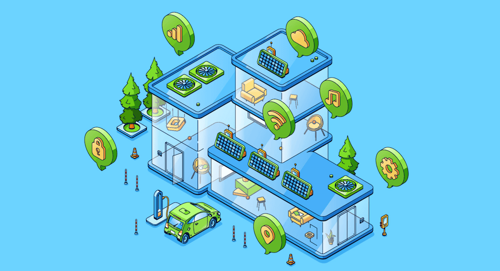 A cartoon of a small all glass building with solar panels, a charging station and trees on the outside. Furniture is spread around the inside and icons in speech bubbles represent a lock, a place, wifi, music, settings, the cloud.