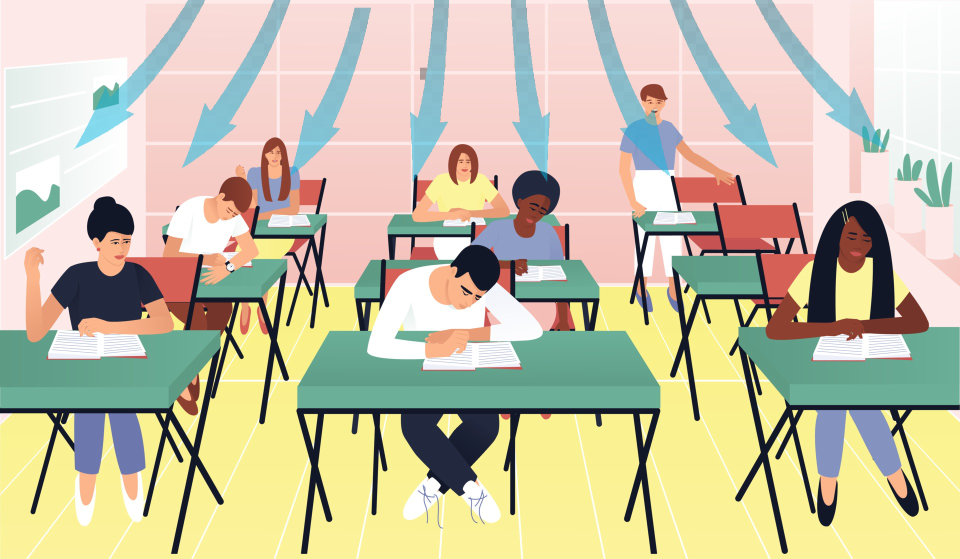 A vector image showing a mixed race classroom being ventilated